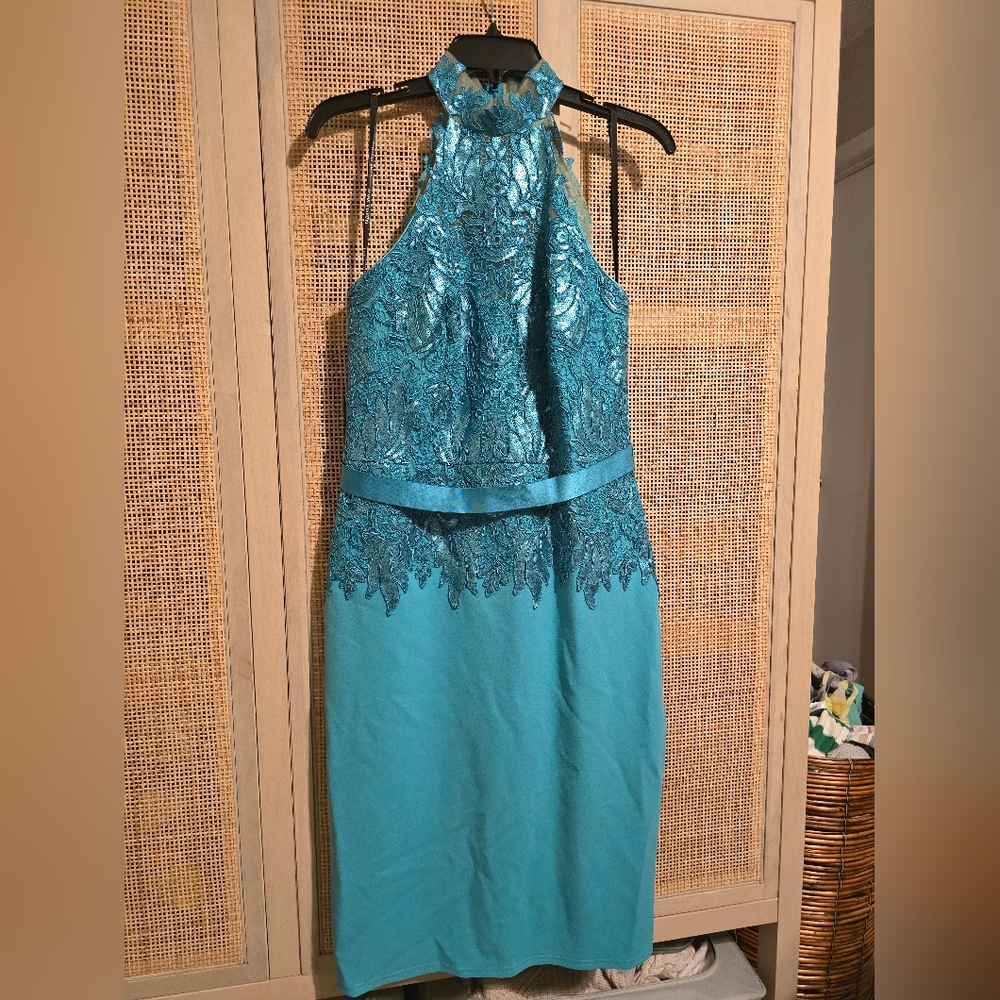 Tadashi Shoji Teal/Turquoise Lace Sequinced Halter Midi Dress